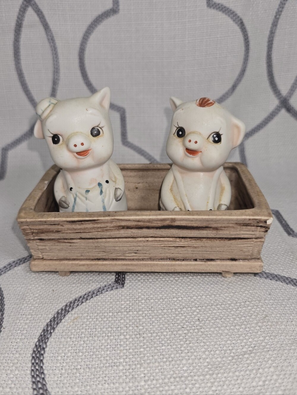 Vintage Dressed Bisque Pigs Salt and Pepper Shakers with crate Read Below